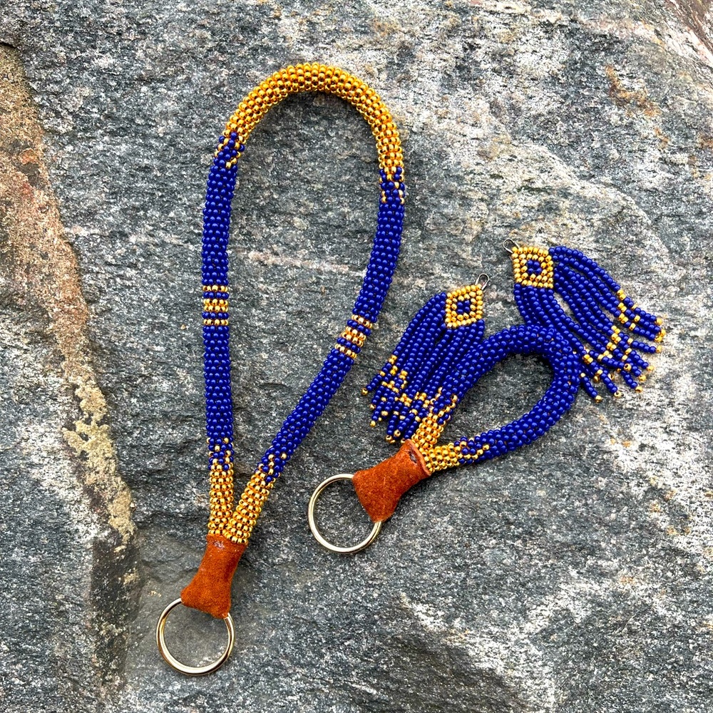 Beaded Wristlet, keychain and earrings set. Dark blue and gold.